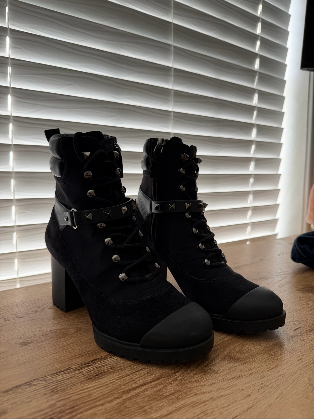 Valentino Garavani Black Studded Lace-Up Block Heel Ankle Boots
